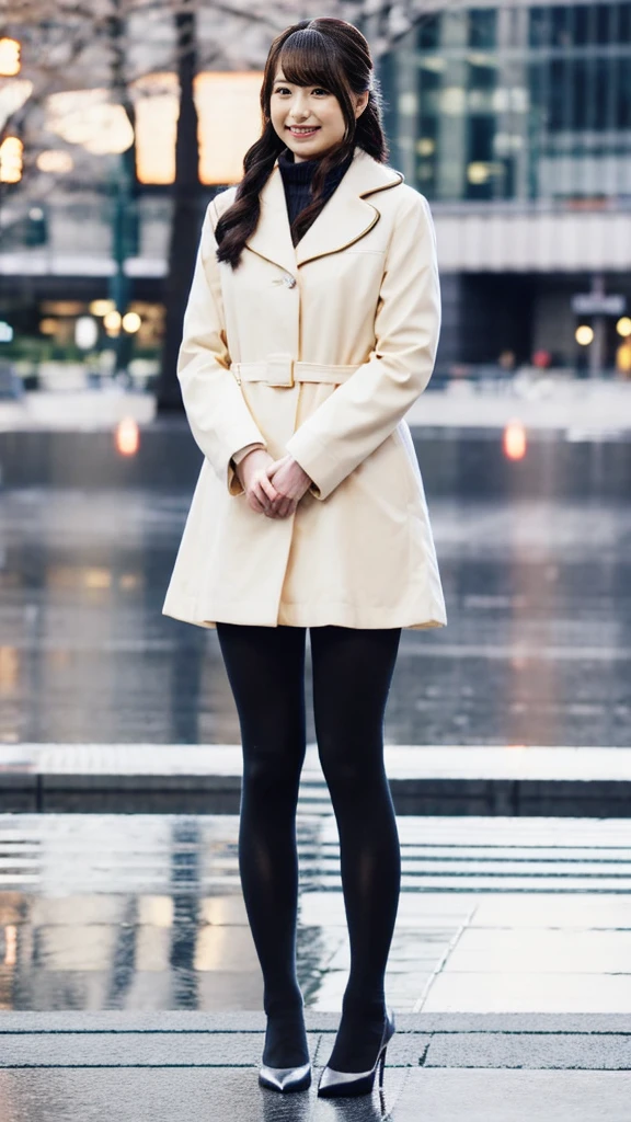 A full-body genuine photo of a cute Japanese weather presenter wearing a pantsuit and coat, pumps,girl holding a microphone,holding a microphone and broadcasting in outdoor Tokyo in winter,standing in front of Tokyo Station,wearing pumps and black tights,masterpiece