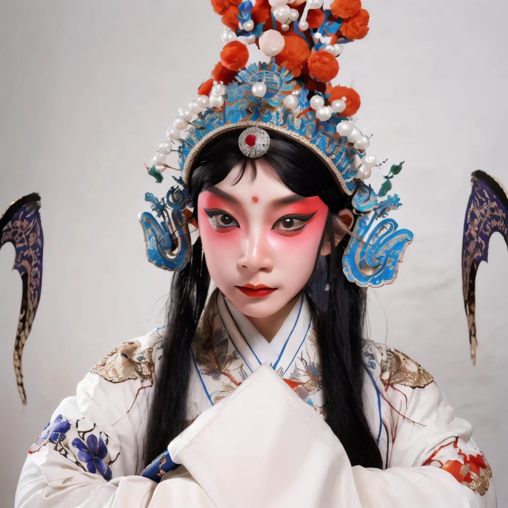 (masterpiece:1.4, best quality),(Intricate details),Unity 8K wallpaper,Frightened,fear,Evil Spirit,Sinophobia,Extremely detailed,Cool colors,night,1 Girl,Solitary,Chinese opera costumes,Sitex,yinjian,Pale face,Poker face,Two eyes straight,Large Breasts,Upper Body,Close-up of face,, masterpiece, best quality,