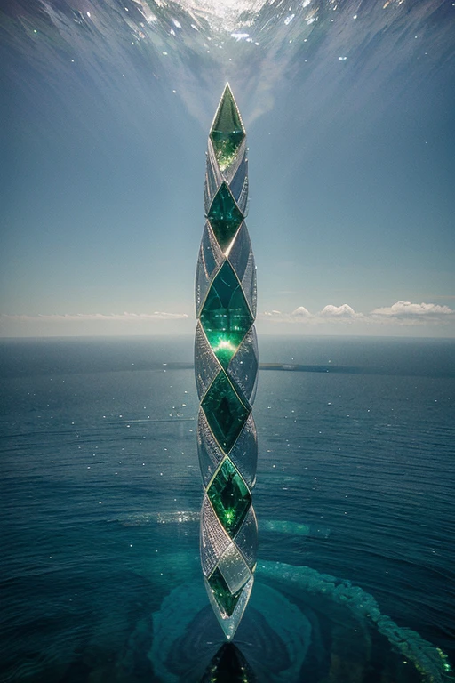 Giant green diamonds floating in iridescent blue swirl on watery silver