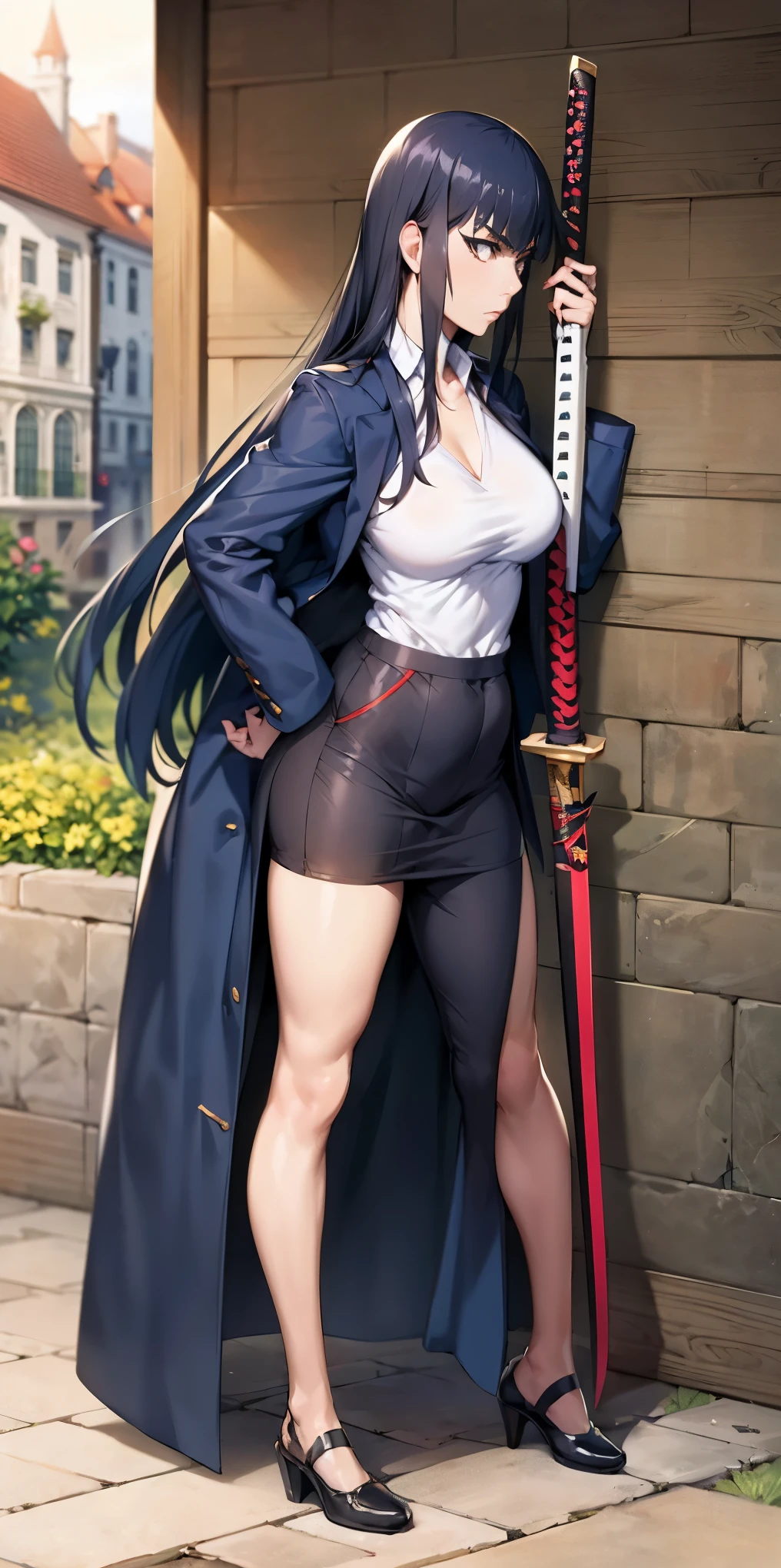Satsuki Kiryuin, Satsuki Kiryuin from Kill-la-Kill, mesh stockings, standing with a katana, full height, bottom view, best quality, very detailed, ultra 8k resolution, coat, vest, long skirt, portrait, full body, Victoria's clothing, long dress, knight, pants, black skinn suit, medieval city, plants, vest,polo shirt, forest, long skirt