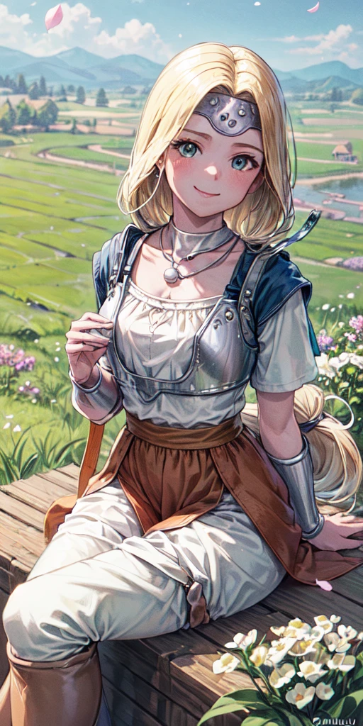 (masterpiece, best quality:1.2),,cowboy shot, solo, 1girl, mireyu, smile, looking at viewer, blouse, breastplate, white pants  ,farmlands, countryside,river wide,hut,sitting on the grass,thigh boots, brown footwear, sunlight, petals, 
