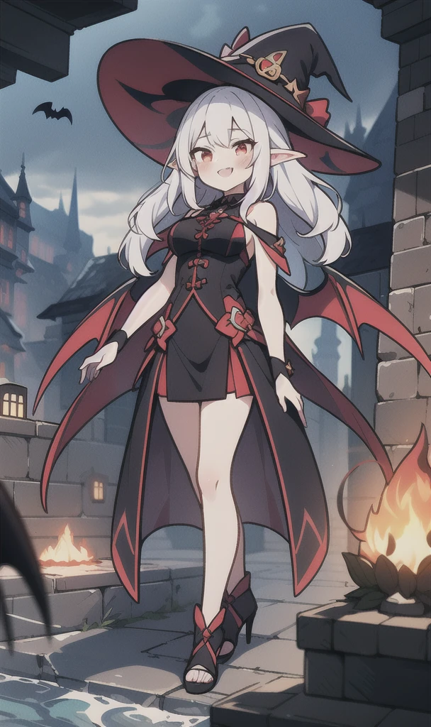 8K,  1girl, petit, adult, kawaii witch, crimson hair, white long hair, red eyes, showing fangs, bat wings, smile, (blush), (shy), pointed ears, looking at viewer,  dynamic angle, wind, game cg, fantastic scenery, demon tail, thin tail, big breast, show full body, magical girl, dungeons, summon, maho shojo, Gushing Over Magical Girls, white hair, red eyes, witch hat