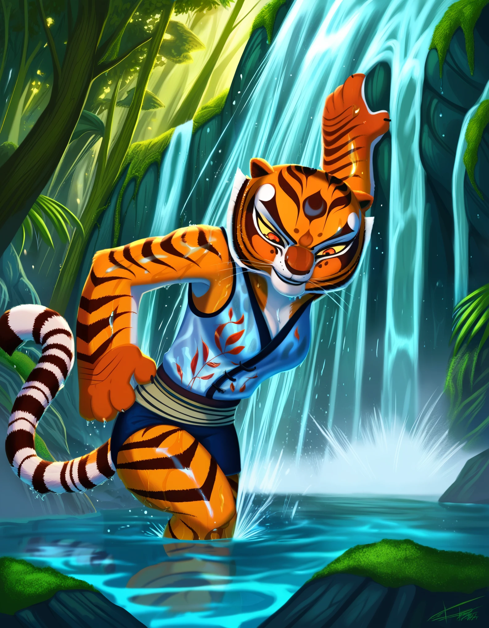 rating_safe, score_9, score_8_up, score_7_up, score_6_up, source_furry,, 1girl, yellow sclera, orange eyes, m4stertigr3ss, solo, tail, waist wrap,, female, master tigress from kung fu panda showering under a waterfall, kung fu panda style, wet, furry, detailed fur, in water, detailed waterfall background, rock, cartoon, 2d, yellow sclera