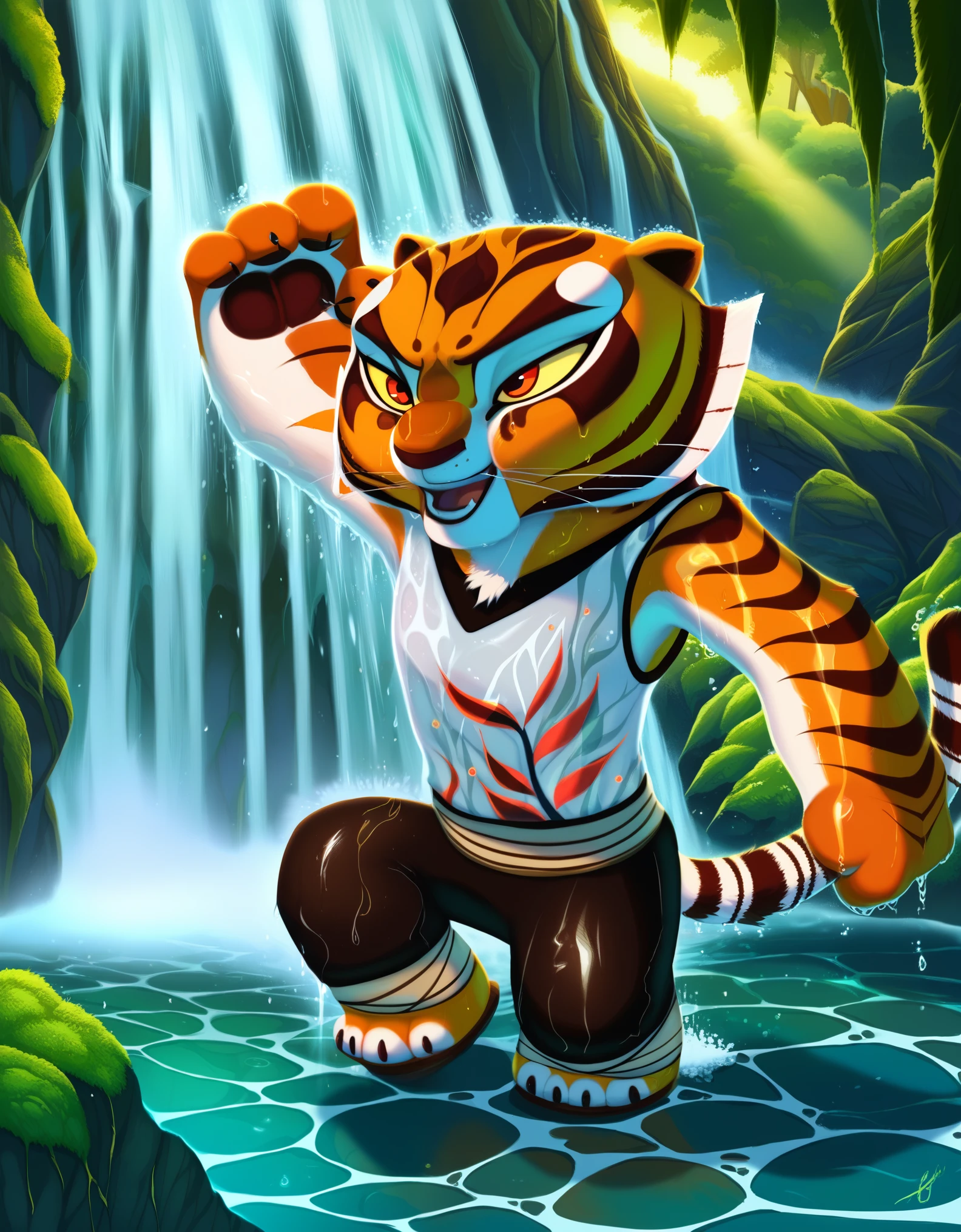 rating_safe, score_9, score_8_up, score_7_up, score_6_up, source_furry,, 1girl, yellow sclera, orange eyes, m4stertigr3ss, solo, tail, waist wrap,, female, master tigress from kung fu panda showering under a waterfall, kung fu panda style, wet, furry, detailed fur, in water, detailed waterfall background, rock, cartoon, 2d, yellow sclera