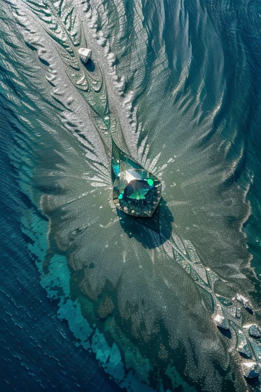 Giant green diamonds floating in iridescent blue swirl on watery silver