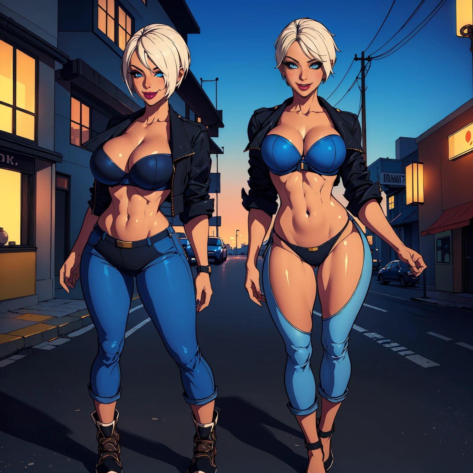 AngelKOF, ((short white hair, glowing blue eyes, wide eyes, lipstick, makeup, narrow waist, skinny, medium breasts, alone)), pelvic curtain, ((black panties, black bra, jeans jacket)), full body, perfect body, (insanely detailed, beautiful detailed face, masterpiece, best quality) , (((solo))), (((1girl))), (((mature))), (extremely detailed 8k paper CG wall unit: 1.1), (street, city, dusk), (smile face for the viewer),
