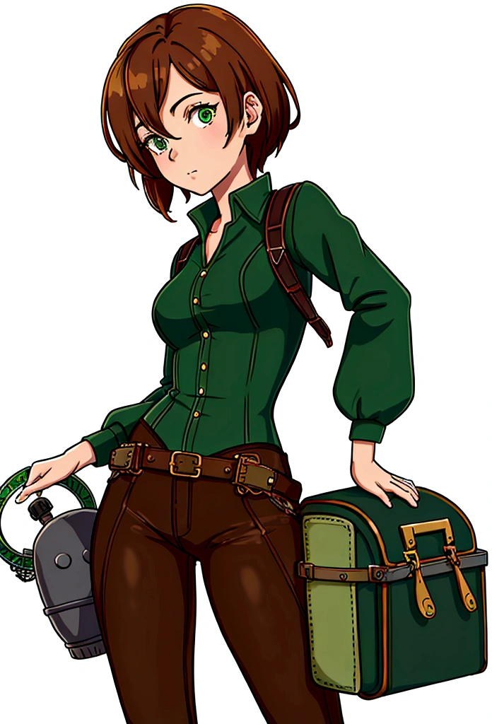 ((Live 2D))  table top, 1 girl, whole body, standing up straight, steampunk clothes, steampunk goggles, looking at a floating ancient device with seedling inside, detailed face, short wavy hair, bangs, gradient hair, colorful hair, light brown hair, green Hair Tips, gradient eyes, orange-green eyes, anime style, gardener, backpack with seedlings, (simple background, white background: 1.3)