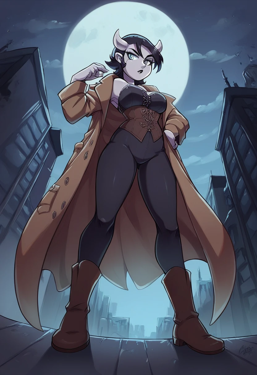 /imagine prompt: A woman appearing to be 30 years old, of European descent, with pale white skin, black hair, gray eyes, dressed in a long burgundy trench coat, corset, tight pants, and long boots, portraying a demon hunter brandishing a massive sword in a battle pose. The backdrop showcases a city at night from an elevated perspective, with the full moon illuminating the scene, creating a sense of drama and intrigue, Illustration, using digital art techniques to emphasize the contrast between the hunter and the urban nocturnal setting, --ar 16:9 --v 5