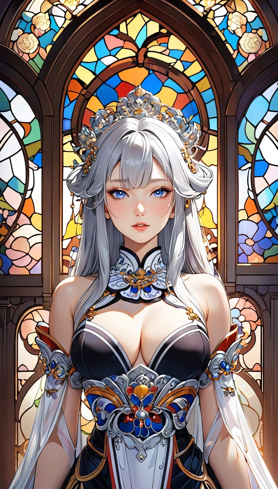 Highest quality, Super quality, 16K, Incredibly absurd, Very detailed, 2.5D, delicate and dynamic, palace, Stained glass, chandelier, Complex Light, , , , Small face, Extremely delicate facial expression, Delicate eye depiction, Extremely detailed hair, Upper body close-up, erotic, sole sexy Japanese lady, healthy shaped body, 22 years old lady, emperor,  huge firm bouncing busts, white silver long hair, sexy long legs, Glowing Skin, Soft Skin, 豪華なゴシック風のemperorの衣装, A complex costume, Costumes in complex colors, Are standing, 