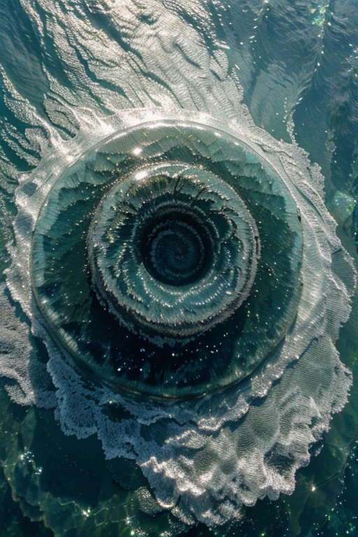 Giant green diamonds floating in iridescent blue swirl on watery silver