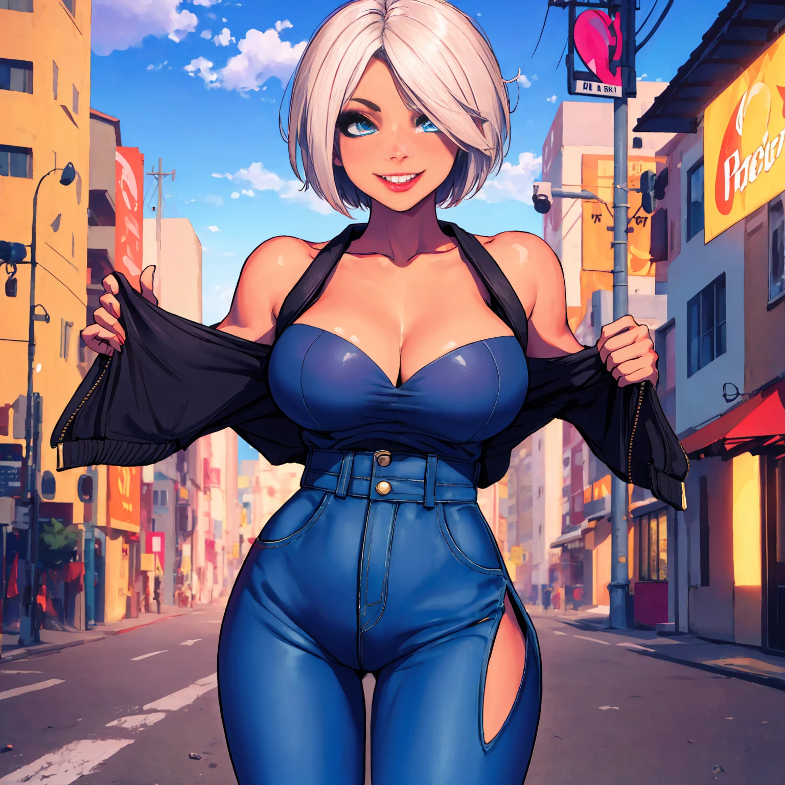 AngelKOF, ((short white hair, glowing blue eyes, wide eyes, lipstick, makeup, narrow waist, skinny, medium breasts, alone)), pelvic curtain, ((black panties, black bra, jeans jacket)), full body, perfect body, (insanely detailed, beautiful detailed face, masterpiece, best quality) , (((solo))), (((1girl))), (((mature))), (extremely detailed 8k paper CG wall unit: 1.1), (street, city, dusk), (smile face for the viewer),
