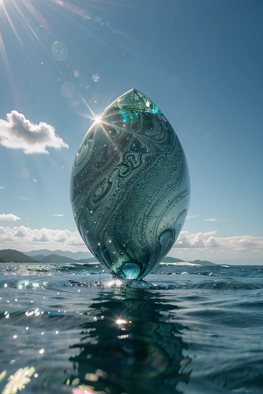 Giant green diamonds floating in iridescent blue swirl on watery silver