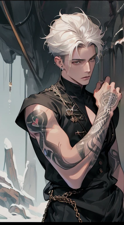 (((8K, RAW photos, Best quality, tmasterpiece: 1.4))), Ultra-high resolution, ultra - detailed, lamplight, Close-up cleavage, Handsome men, gold eyes, (Detailed eyes, The eyes are bright:1.2), Medium long red hair, pale-skinned, ear piercings, Dark, Blackn clothes, Meticulous clothes, gold accessories on clothes, (perfect anatomia:1.2), Highqualityshadow, natural  lightting, (White highlights:1.2), natta, overcast day, (arm tattoos:1.2), (starrysky:1.2)，Masterpiece, high quality, best quality, HD, realistic, perfect lighting, detailed body, 1 man, dark White hair , face expression, black military suit, in the cave,