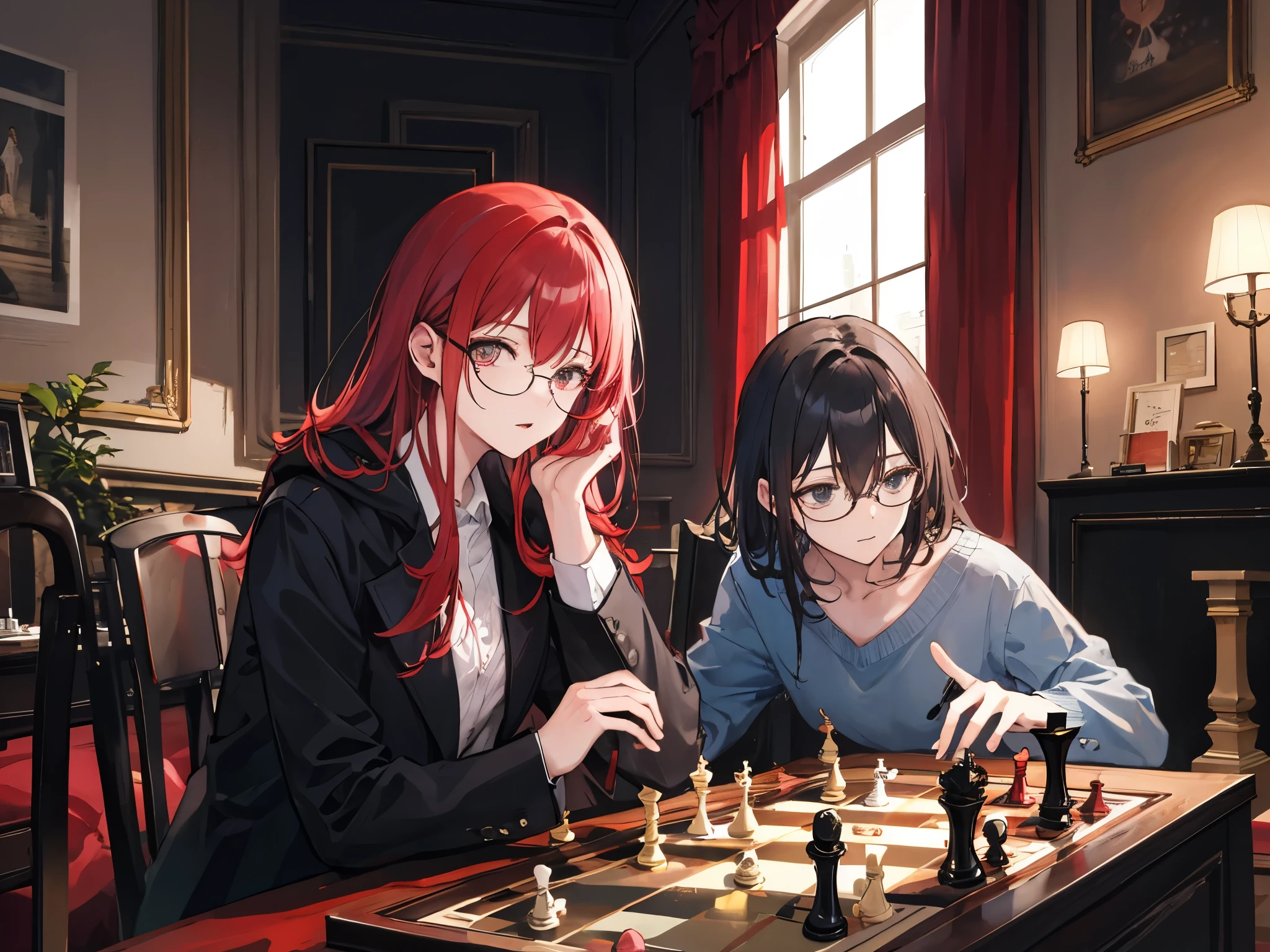 I am researching chess.　The man is wearing glasses　Brown haired man　dull man　Redhead woman　4 people　night
