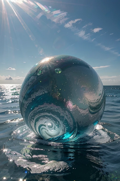 Giant green diamonds floating in iridescent blue swirl on watery silver with pink sheep