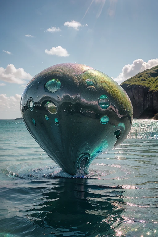 Giant green diamonds floating in iridescent blue swirl on watery silver with pink sheep