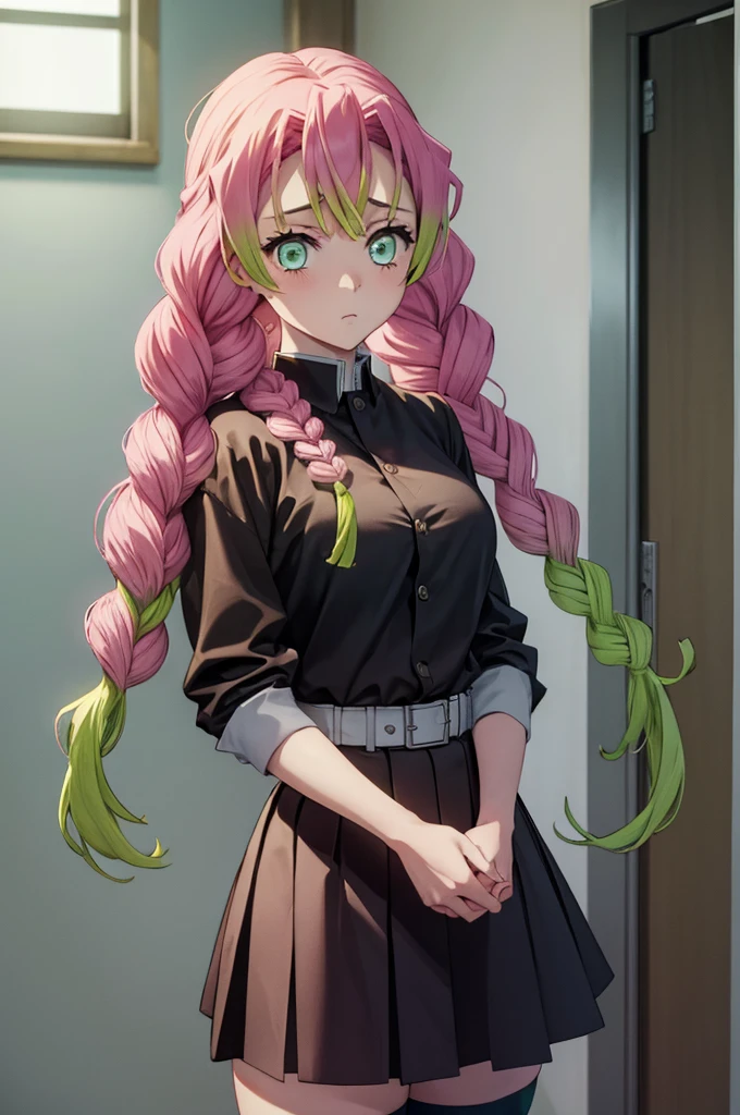 (masterpiece:1.4), (best quality:1.1), (8k, ultra detailed, ultra high res:1.2), ((anime style)), (perfect 5 fingers:1.2), (perfect anatomy), 
1girl,
Mitsuri Kanroji, 
BREAK long hair, pigtail braids, 
pink hair, 
green eyes, (empty eyes:1.1), 
large breasts,  
BREAK (black shirt, black mini skirt, green thighhighs), unbuttoned, (white haori:1.1), 
looking at viewer, 
cowboy shot, 
perfect light, indoors, 