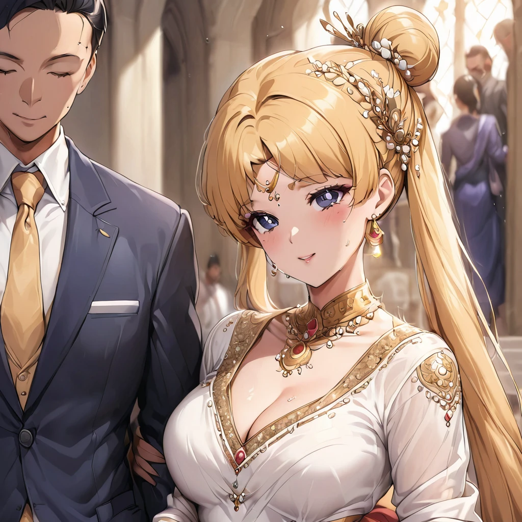 ((Highest quality)), ((masterpiece)), (detailed), (Perfect Face)、The woman is Tsukino Usagi, with long blonde hair in a chignon twin tail.、The woman is wearing a gorgeous and glittering red ancient Hanfu wedding costume and luxurious jeweled accessories and is getting married to a dignified man, the First Emperor, in a luxurious palace.