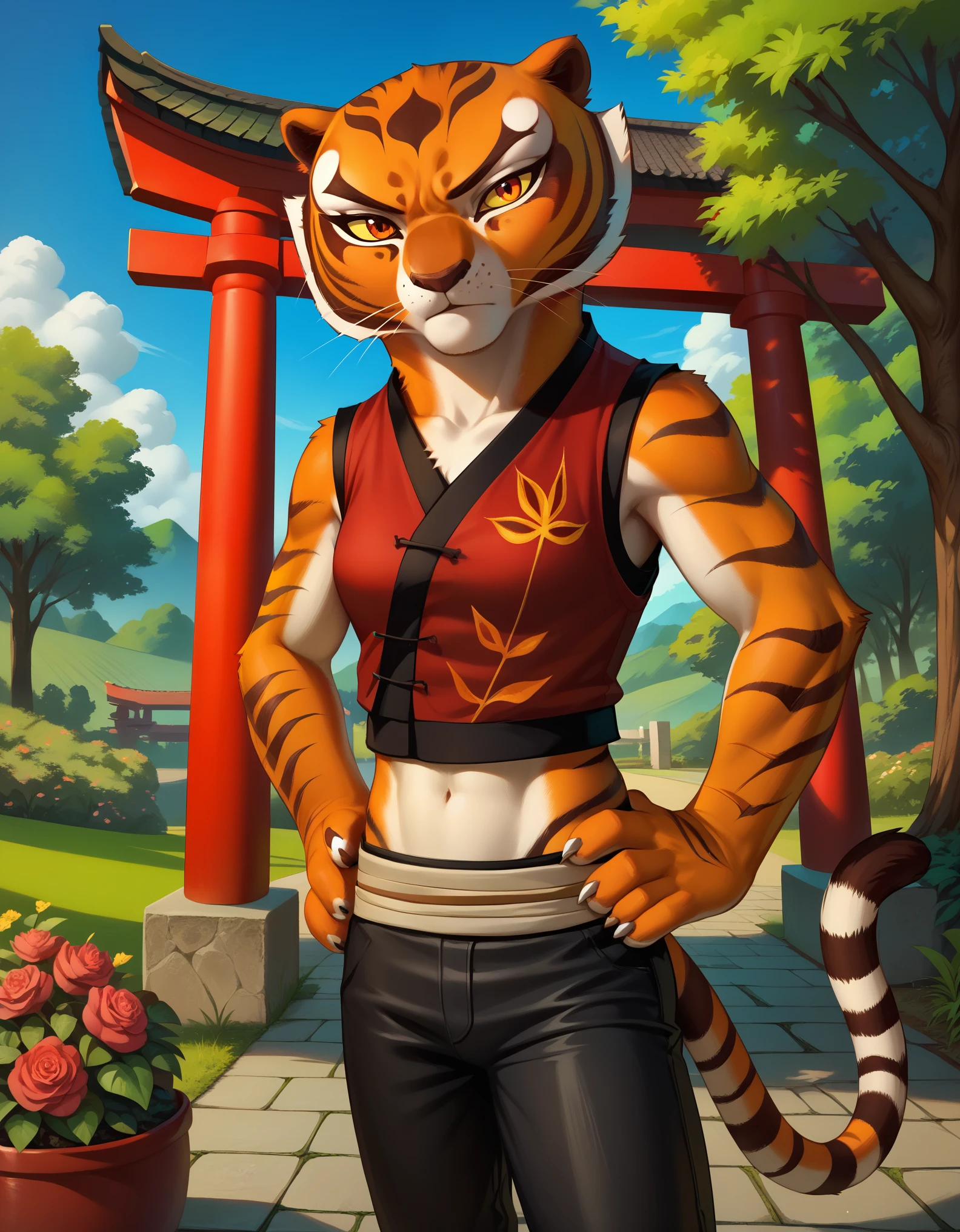 zPDXL,,1girl, yellow sclera, orange eyes, m4stertigr3ss, solo, tail, waist wrap,,  Master tigress, furry, tiger, small breasts, red vest, black pants, tail, looking at viewer, serious, standing, hands on hips, outside, garden, red torii, trees, blue sky,  