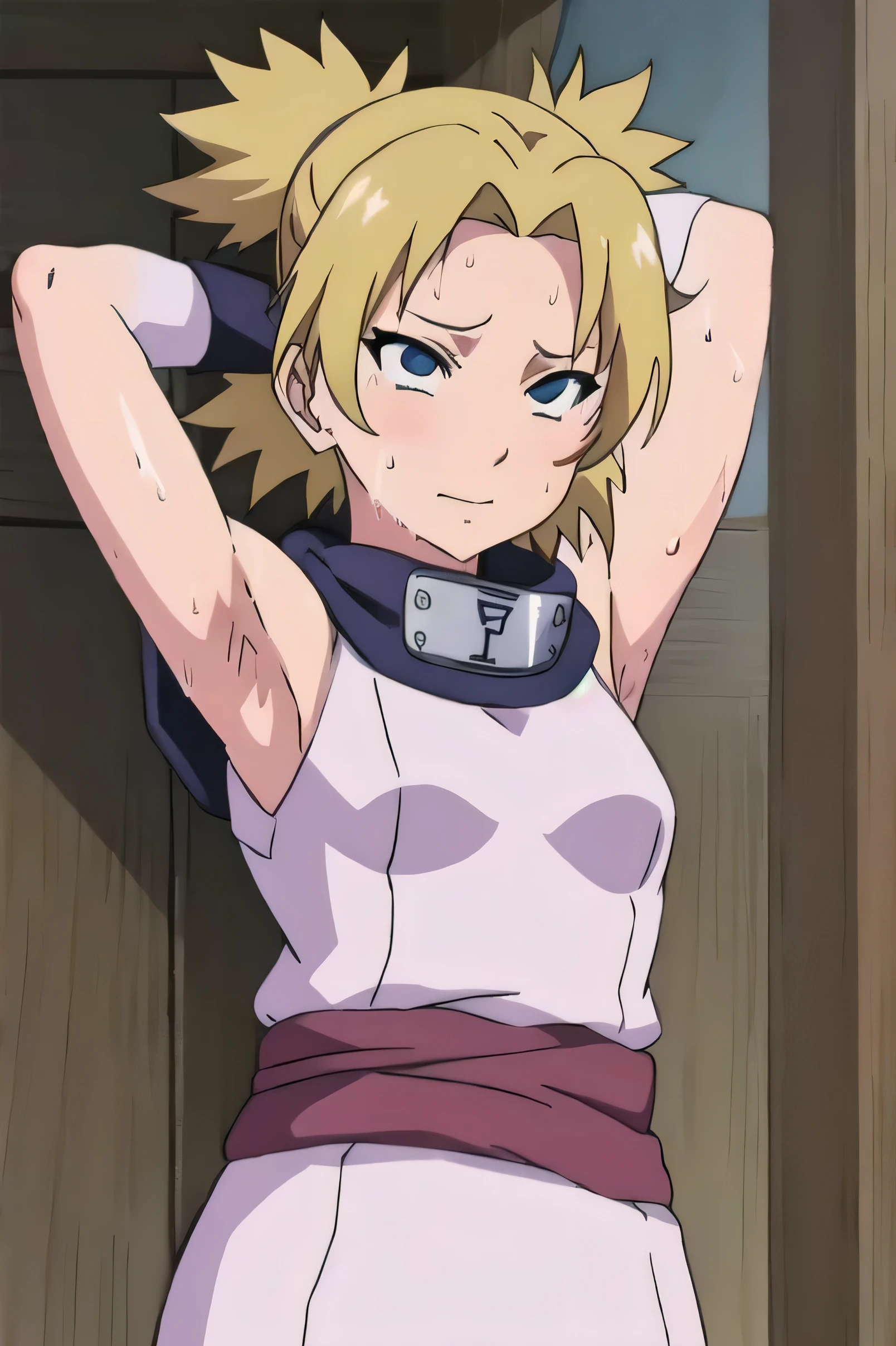 Temari,1girl, solo,armpits,wet armpits, showing wet armpits, armpit,armpits,sweat,sweaty,sweaty armpits,awesome armpits,tired,exhausted,arms up,blackish arm warmers,sleeveless