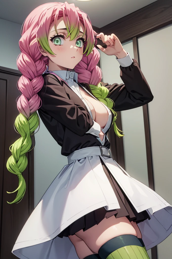 (masterpiece:1.4), (best quality:1.1), (8k, ultra detailed, ultra high res:1.2), ((anime style)), (perfect 5 fingers:1.2), (perfect anatomy), 
1girl,
Mitsuri Kanroji, 
BREAK long hair, pigtail braids, 
pink hair, 
green eyes, (empty eyes:1.1), 
large breasts,  
(black shirt, black mini skirt, green thighhighs), unbuttoned, BREAK (white haori:1.1), 
looking at viewer, 
cowboy shot, 
perfect light, indoors, 