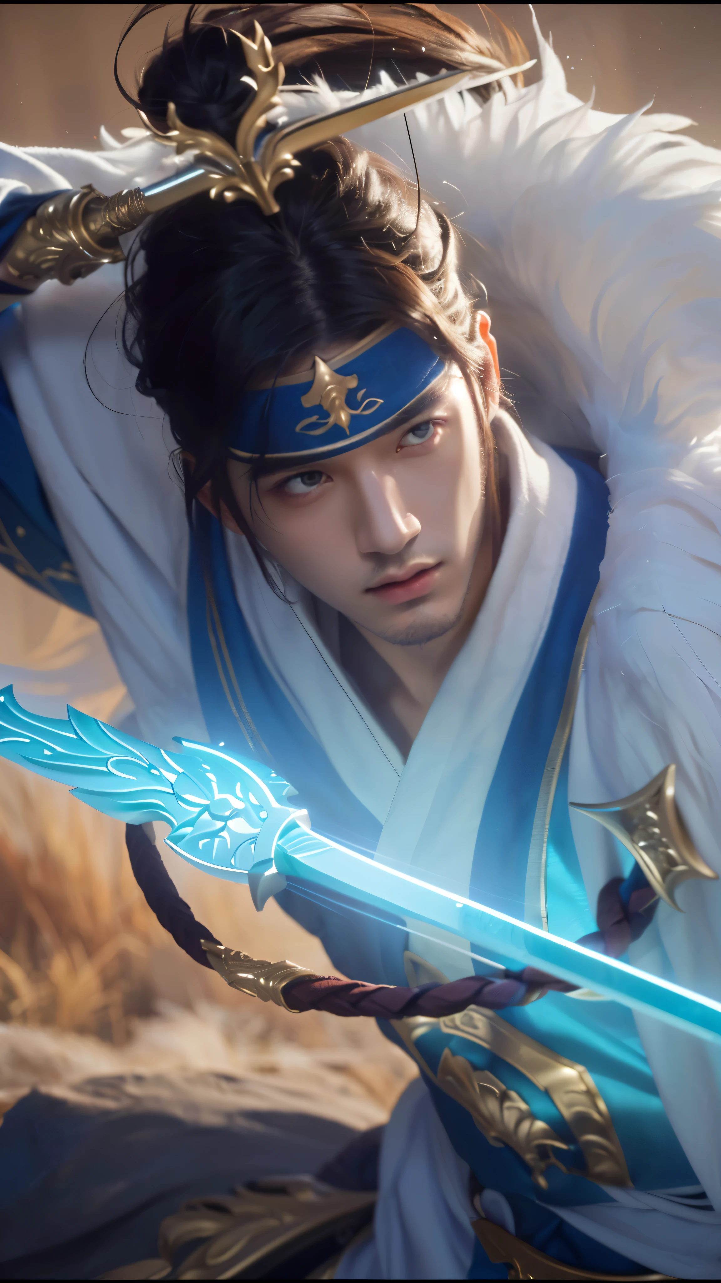 (Realistic), Texture, middle aged man, bronzed skin, Asian, A grown man holding a sword, beard, white shoulder armor, brown headband, White flowing hair, eyes closed tight, meditation, The skin is slightly dark, blue clothes, Hands glow, splash art, sakimicchan, Onmyoji,Sakura dancing atmosphere