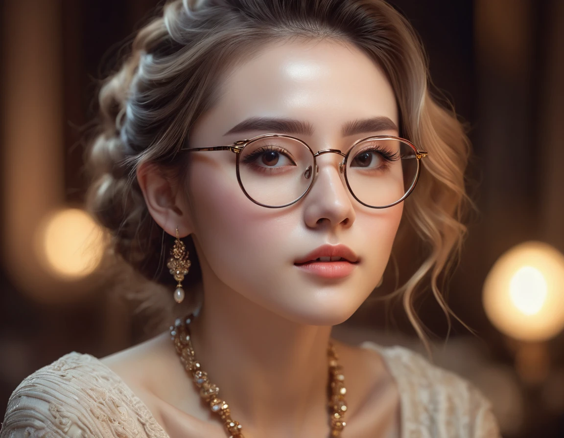 beautiful girl wearing glasses,detailed facial features,long eyelashes,porcelain skin,delicate facial expression,elegant hairstyle,intricate jewelry,detailed clothing,atmospheric lighting,dramatic lighting,cinematic composition,warm color palette,soft focus,digital painting,highly detailed,masterpiece,4k,photorealistic