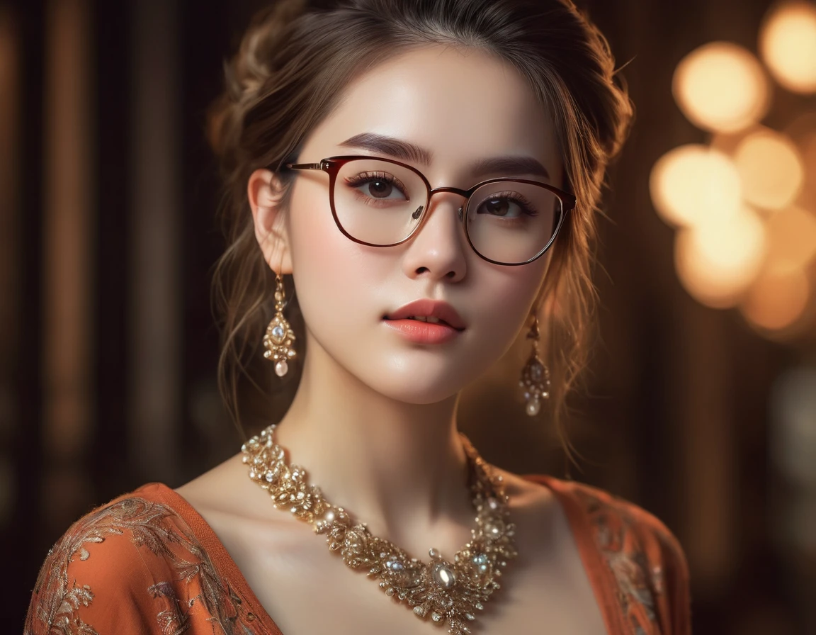 beautiful girl wearing glasses,detailed facial features,long eyelashes,porcelain skin,delicate facial expression,elegant hairstyle,intricate jewelry,detailed clothing,atmospheric lighting,dramatic lighting,cinematic composition,warm color palette,soft focus,digital painting,highly detailed,masterpiece,4k,photorealistic