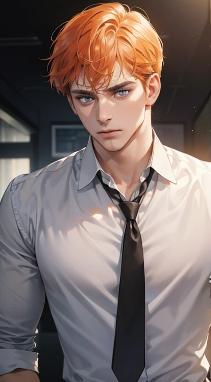 (best quality, masterpiece, 8K, photorealistic, cinematic lighting, hdr image, ultra detailed, beautiful image), 1 man, 31 years old, mature man, very handsome, (without expression, serious), short orange hair, blue grey eyes ( penetrating gaze), perfect face without errors, imposing posture, without errors, businessman, office background