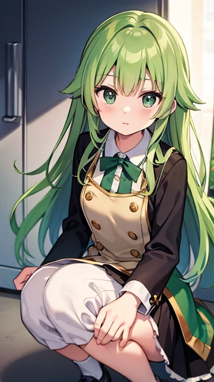 masterpiece, best quality, 1 girl, , , 10 years old, blue hat with a yellow sun pattern, long green hair, blue cape, blue cloak, blue clothes, white long sleeves, yellow ribbon, from behind, to lift up one’s skirt, cowboy shot, from front, standing , raise one leg, crossed arms, arms up behind, arms behind back, hand between legs, put hands hip, one hand on hip, forward hands, arms raised in the air, punch hands, peace_sign, waving, put up index finger, sit, lie down, closed eyes, lie face down, looking back, put one hand chest, leaning forward,cleavage,close up, horizontally outstretched arms, horizontally outstretched legs, front view, front face
