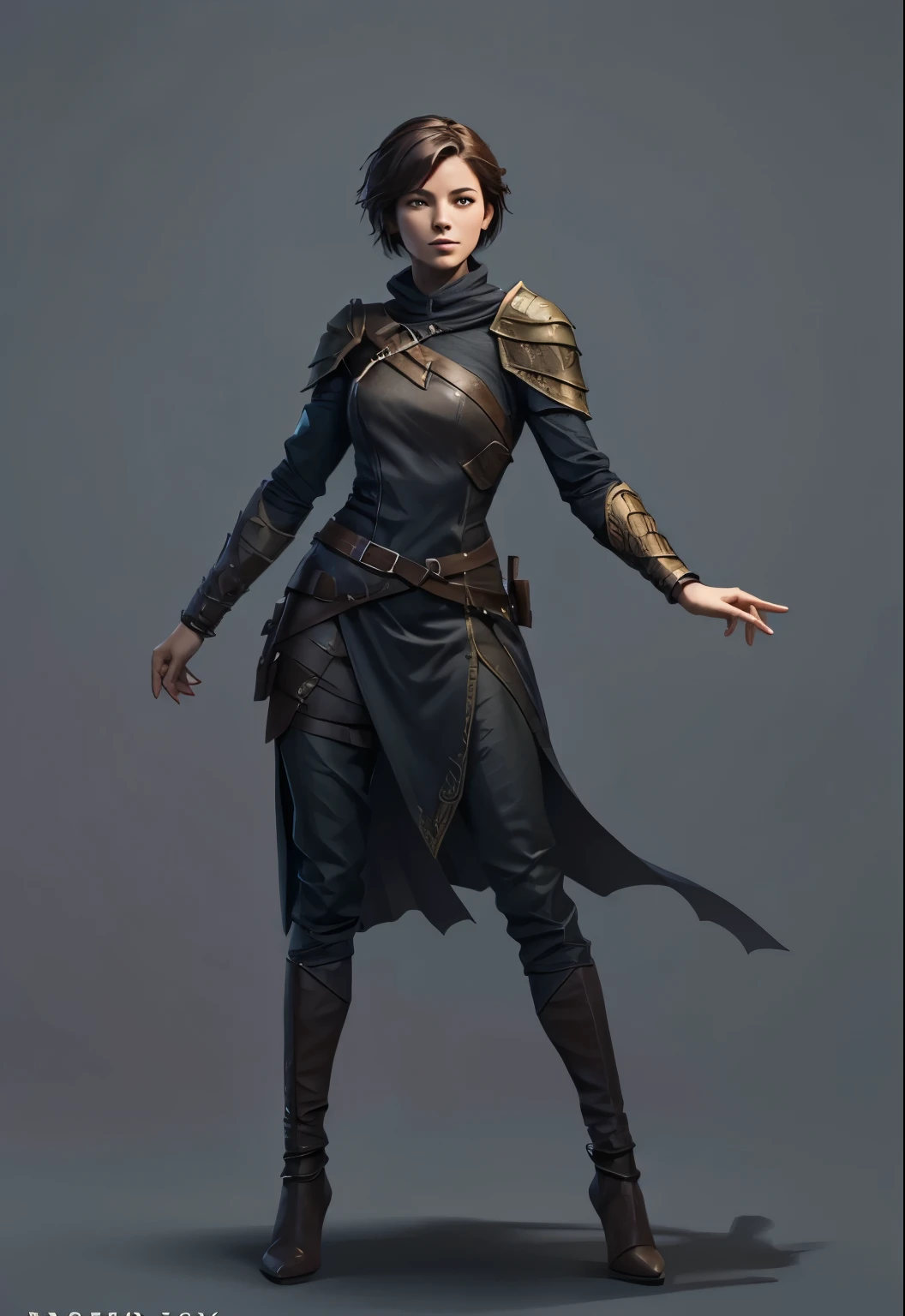 A full body illustration. Fantasy dnd style. A single female. Standing straight. looking forward. Isolated on white background. I would like her to be wearing masculine rogue warrior Dnd clothes. short hair. full body
