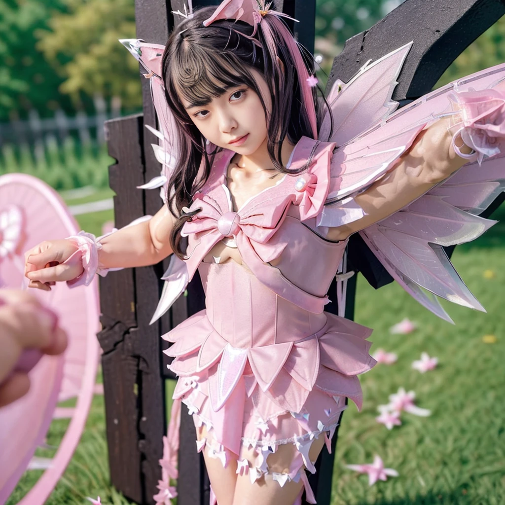 Highest quality, masterpiece, Very detailed, 8K, Beautiful 13 year old Japanese girl:1.5, Small face, blunt bangs, Black hair ponytail, ((Woman crucified on the cross:1.5, Breast Augmentation Surgery)), (Detailed pink magical girl heroine costume:1.5), remote_play, remote_Vibrate、 (climax:1.5)