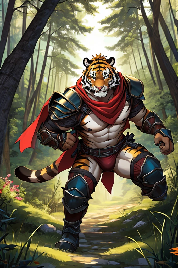Tiger,Young Adults,Strong,handsome,warrior,Sexy body,毛茸茸的Tiger爪,Scantily clad(Scapula,Armor knee pads,Crotch bulge,The genitals are extremely prominent,The outline of the genitals is clearly visible,Red torn shawl,Bare chest and abdomen,Bare thighs,barefoot),expression(vigilante,Gnashing of teeth),action(Standing,vigilante),Alone,Looking angrily at the camera,Challenge the camera character to a duel,environment(Clearing in open forest,There are sparse low weeds around,There are pine trees in the distance)