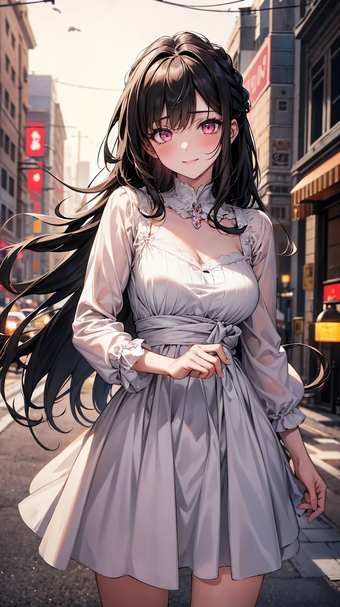 Anime girl with long black hair and pink eyes in a gray dress - SeaArt AI