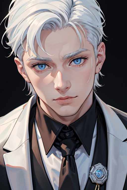 (masuter piece,Best Quality,Ultra-detailed), (A detailed face),Gojo Gojo,Adult men who have retained their boyhood,Solo, white hair, Blue eyes, black suits,(in bad: 1.2), Looking at the viewer, (interview: 1.3), From above, sharp contrast, Beautiful detailed eyes, Close Up Shot,magazine title,Mafioso