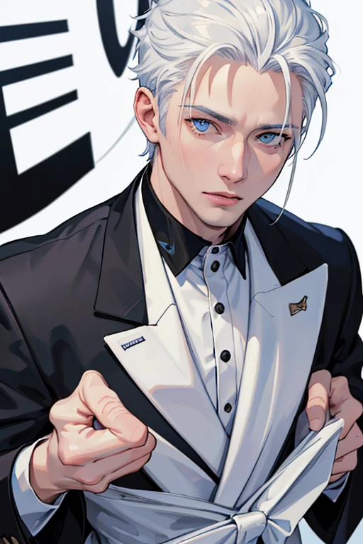 (masuter piece,Best Quality,Ultra-detailed), (A detailed face),Gojo Gojo,Adult men who have retained their boyhood,Solo, white  hair, Blue eyes, black suits,(in bad: 1.2), Looking at the viewer, (interview: 1.3), From  above, sharp contrast, Beautiful detailed eyes, Close Up Shot,magazine title,Mafioso