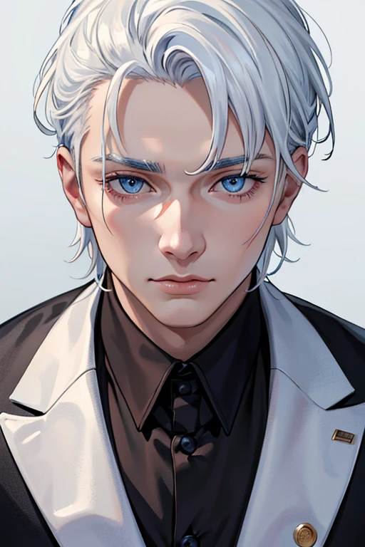 (masuter piece,Best Quality,Ultra-detailed), (A detailed face),Gojo Gojo,Adult men who have retained their boyhood,Solo, white  hair, Blue eyes, black suits,(in bad: 1.2), Looking at the viewer, (interview: 1.3), From  above, sharp contrast, Beautiful detailed eyes, Close Up Shot,magazine title,Mafioso