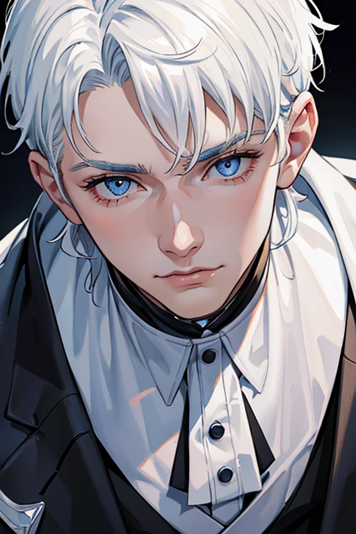 (masuter piece,Best Quality,Ultra-detailed), (A detailed face),Gojo Gojo,Adult men who have retained their boyhood,Solo, white hair, Blue eyes, black suits,(in bad: 1.2), Looking at the viewer, (interview: 1.3), From above, sharp contrast, Beautiful detailed eyes, Close Up Shot,magazine title,Mafioso