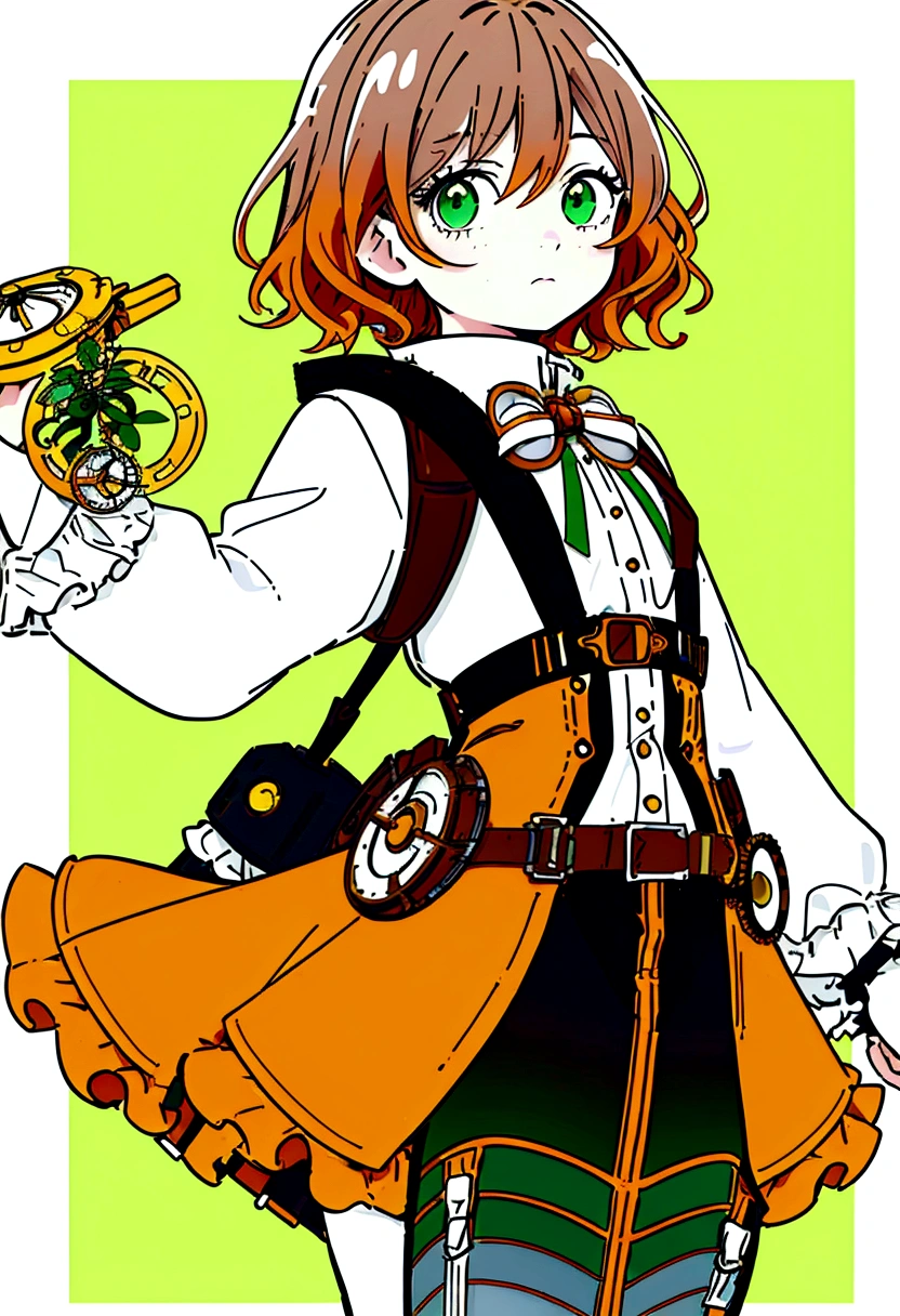 ((Live 2D))  table top, 1 girl, whole body, standing up rotating, steampunk clothes, steampunk goggles, detailed face, short wavy hair, bangs, gradient hair, colorful hair, light brown hair, gradient eyes, orange-green eyes, anime style, gardener, backpack with seedlings, floating steampunk device with seedling inside, (simple background, white background: 1.3)