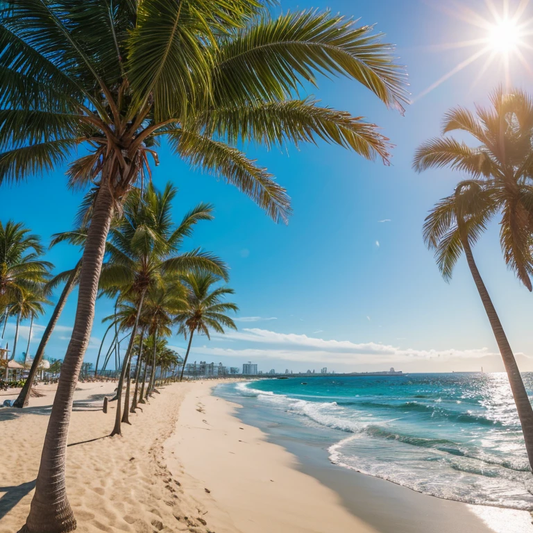Long beach with a long string of palm trees, lapping waves, realistic, gentle sunlight, photography, calm high quality landscape, spectacular view that seems to draw you in.