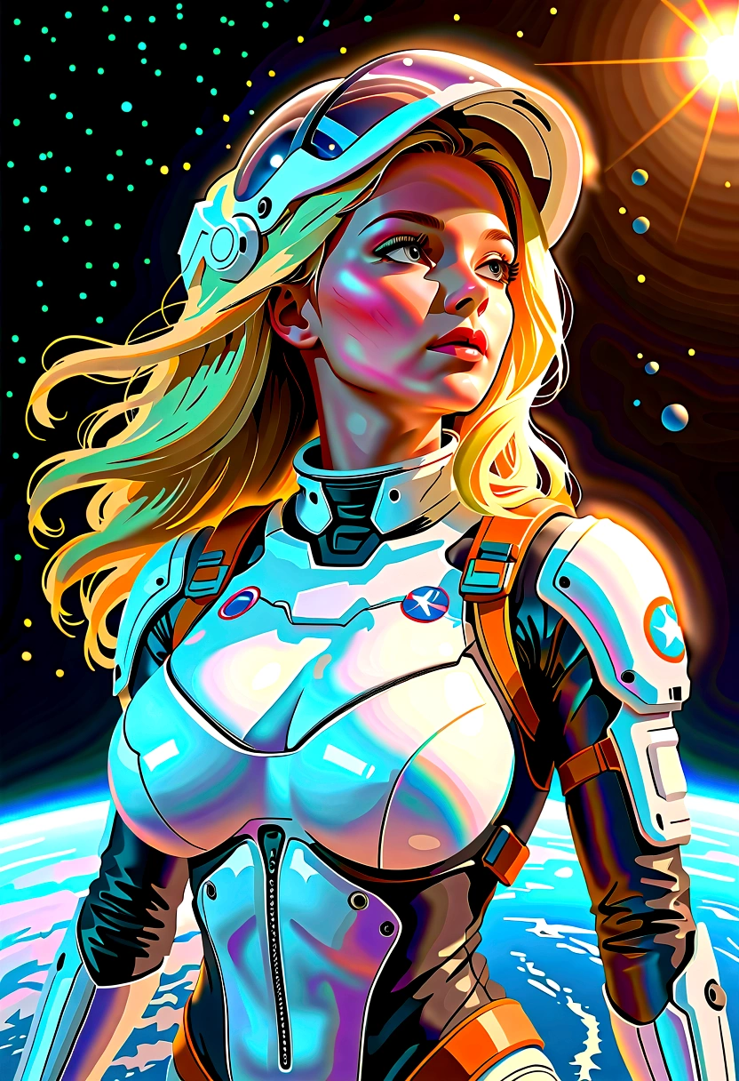 A beautiful astronaut, detailed space suit, floating in zero gravity, detailed helmet with visor, long blonde hair, serene expression, glowing planet in the background, atmospheric lighting, cinematic composition, ultrarealistic, 8k, highly detailed, photorealistic, dramatic lighting, vivid colors, otherworldly, concept art style, giga_busty, breasts