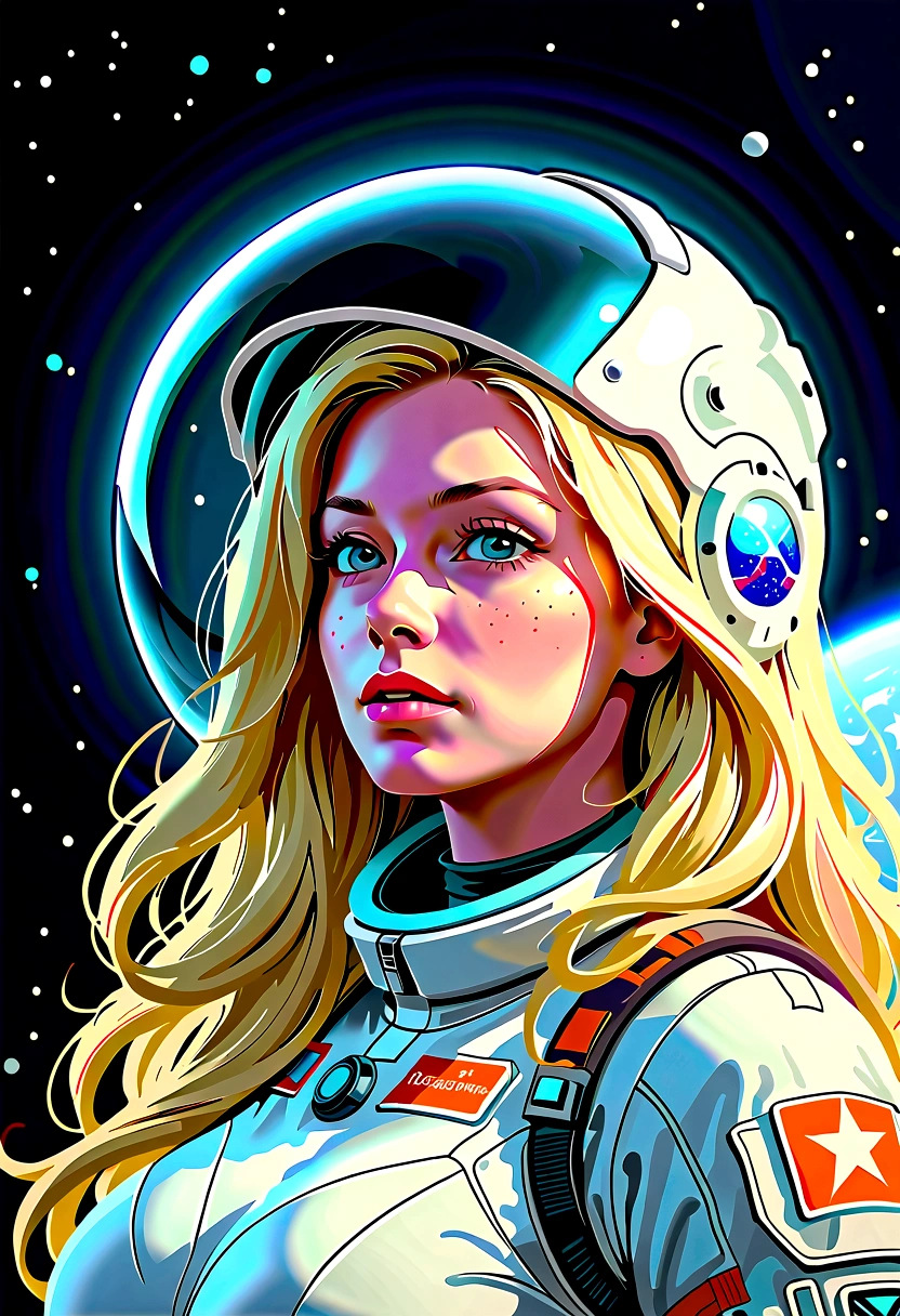 A beautiful astronaut, detailed space suit, floating in zero gravity, detailed helmet with visor, long blonde hair, serene expression, glowing planet in the background, atmospheric lighting, cinematic composition, ultrarealistic, 8k, highly detailed, photorealistic, dramatic lighting, vivid colors, otherworldly, concept art style, giga_busty, breasts