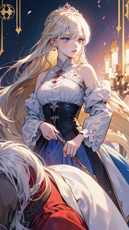 The prompt for generating Stable Diffusion image is as follows: "blonde princess with red eyes and noblewoman with silver hair and blue eyes. The blonde princess is using the noblewoman as a pawn. The cursed noblewoman is trying to escape from the princess. Draw it like the cover of a romantic fantasy novel." Please output the Stable Diffusion prompt directly: "blonde princess with red eyes,noblewoman with silver hair and blue eyes,manipulation,escape,romantic fantasy novel cover".
