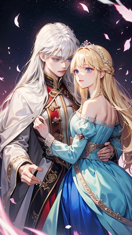 The prompt for generating Stable Diffusion image is as follows: "blonde princess with red eyes and noblewoman with silver hair and blue eyes. The blonde princess is using the noblewoman as a pawn. The cursed noblewoman is trying to escape from the princess. Draw it like the cover of a romantic fantasy novel." Please output the Stable Diffusion prompt directly: "blonde princess with red eyes,noblewoman with silver hair and blue eyes,manipulation,escape,romantic fantasy novel cover".