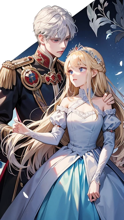 The prompt for generating Stable Diffusion image is as follows: "blonde princess with red eyes and noblewoman with silver hair and blue eyes. The blonde princess is using the noblewoman as a pawn. The cursed noblewoman is trying to escape from the princess. Draw it like the cover of a romantic fantasy novel." Please output the Stable Diffusion prompt directly: "blonde princess with red eyes,noblewoman with silver hair and blue eyes,manipulation,escape,romantic fantasy novel cover".