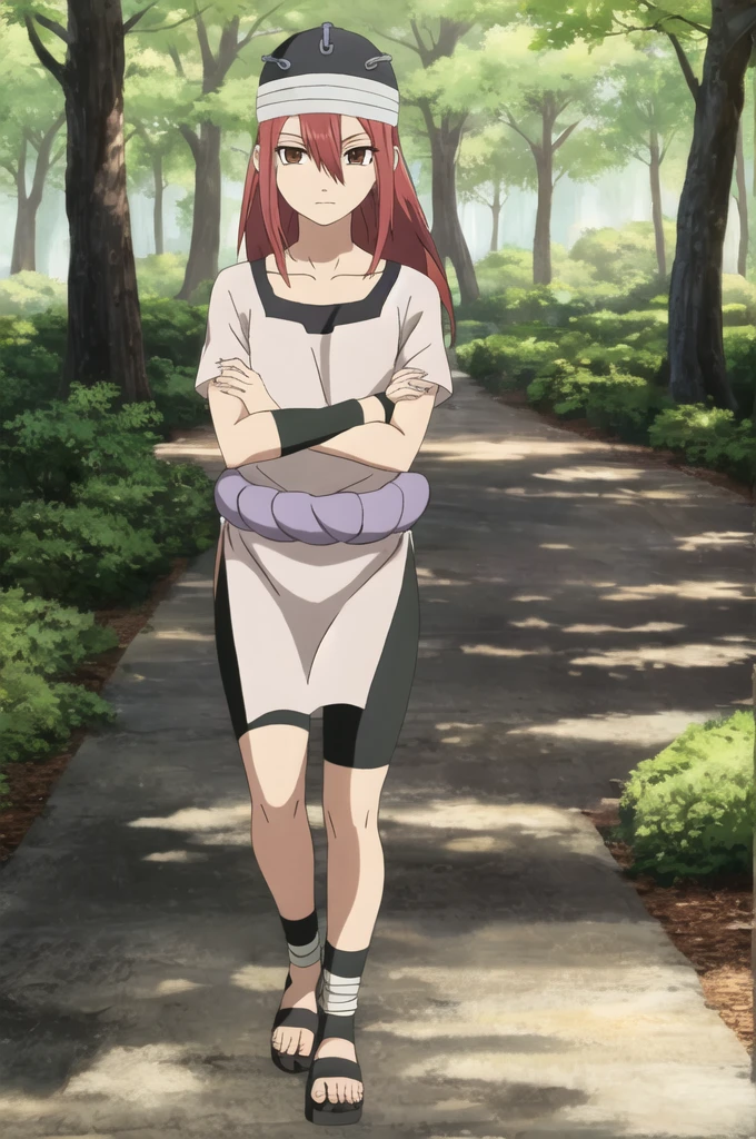 pelvic curtain, wristband, solo, long hair, red hair, brown eyes, 1girl, hat, short sleeves, looking at viewer, shimenawa, collarbone, hair between eyes, closed mouth, shirt, full body, expressionless, bike shorts, tomboy, narrowed eyes, hair between eyes, ankle wrap, toeless footwear, sandals, outdoors, forest 