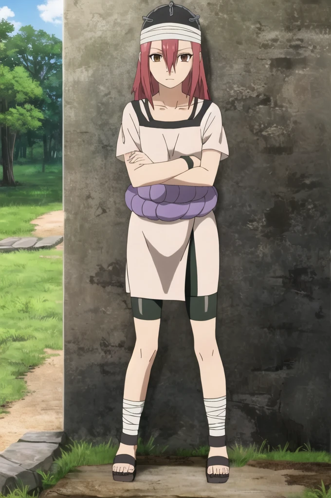 pelvic curtain, wristband, solo, long hair, red hair, brown eyes, 1girl, hat, short sleeves, looking at viewer, shimenawa, collarbone, hair between eyes, closed mouth, shirt, full body, expressionless, bike shorts, tomboy, narrowed eyes, hair between eyes, ankle wrap, toeless footwear, sandals, outdoors, forest 