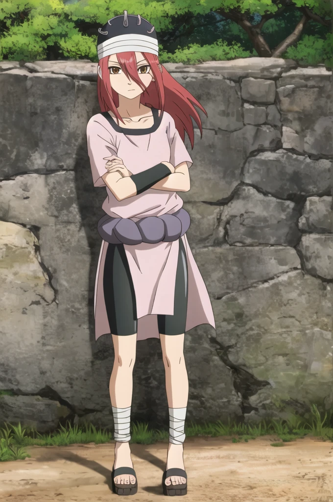 pelvic curtain, wristband, solo, long hair, red hair, brown eyes, 1girl, hat, short sleeves, looking at viewer, shimenawa, collarbone, hair between eyes, closed mouth, shirt, full body, expressionless, bike shorts, tomboy, narrowed eyes, hair between eyes, ankle wrap, toeless footwear, sandals, outdoors, forest 