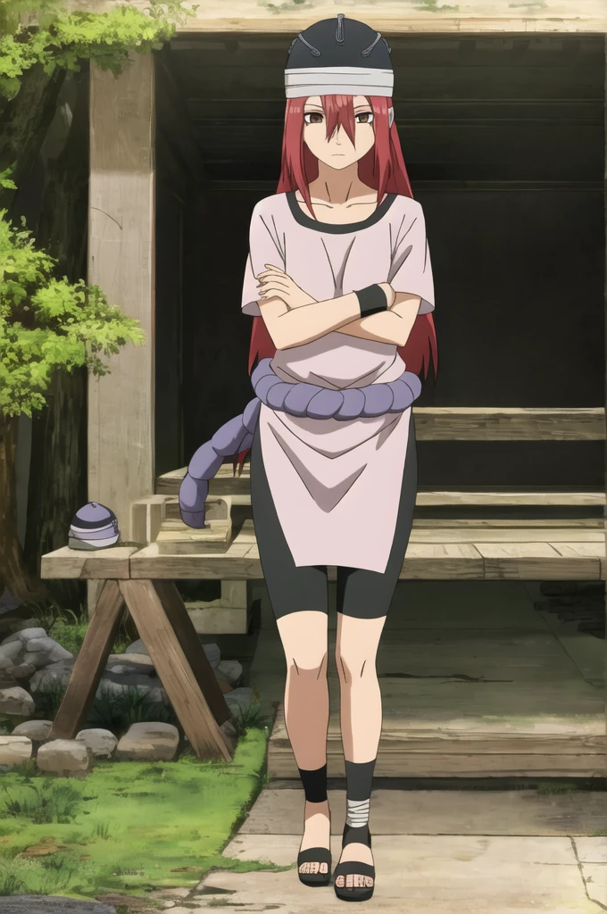 pelvic curtain, wristband, solo, long hair, red hair, brown eyes, 1girl, hat, short sleeves, looking at viewer, shimenawa, collarbone, hair between eyes, closed mouth, shirt, full body, expressionless, bike shorts, tomboy, narrowed eyes, hair between eyes, ankle wrap, toeless footwear, sandals, outdoors, forest 