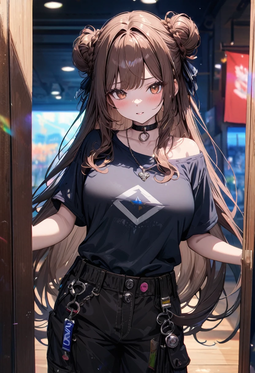 ((masterpiece), best quality, very aesthetic, newest, absurdres, detailed, high quality)
BREAK
highest quality, top quality, details, highres, ultra fine painting, digital art, official art, cinematic, 4k, 8k resolution, 8K CG wallpaper, CG, original artwork, detailed background, colorful background, blue atmosphere, High Dynamic Range, blurry background, blue hour, Starburst effects, crepuscular rays, good ISO, high resolution, wide shot, from far away, RAW photo, POV, sharp focus, light reflection, reflections, intricate details, soft light, particle noise, professional photography, bokeh, depth of field, natural lighting, vibrant colors, looking away, detailed lights and shadows, stylish, ultra-detailed, top rated on Pixiv, trending on Artstation, niji style, modern-days, master crafted, pose
BREAK
solo, close up shot, from above, 1girl, pale skin, correct fingers, detailed hand, (big breasts:1.2), big thighs, small torso, short body, flushtered, blush, anxious expression, embarassed, embarassed act, casual, slim, ((cute, childlike face):1.3), nice hips, nice body, brown hair, (very long flowing hair), (big 2 buns hairstyle)), long bangs, long hair, middle hair bangs, brown eyes
BREAK
(loose black baggy t-shirt, logo, loose black baggy cargo pants, choker, punk style, Gothic)
BREAK
Hanging clothes, changing room, indoors